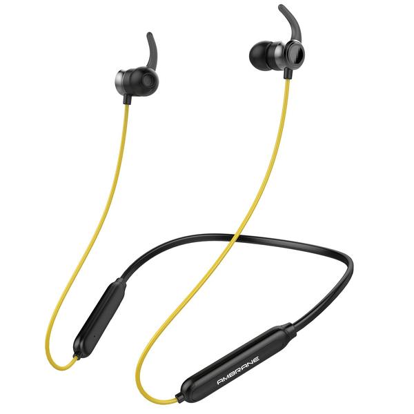 Ambrane Bassband Wireless Bluetooth Earphones with Long-lasting Battery, Google Assistant/Siri, Magnetic Clasps and Sweatproof Us (Yellow / Black)