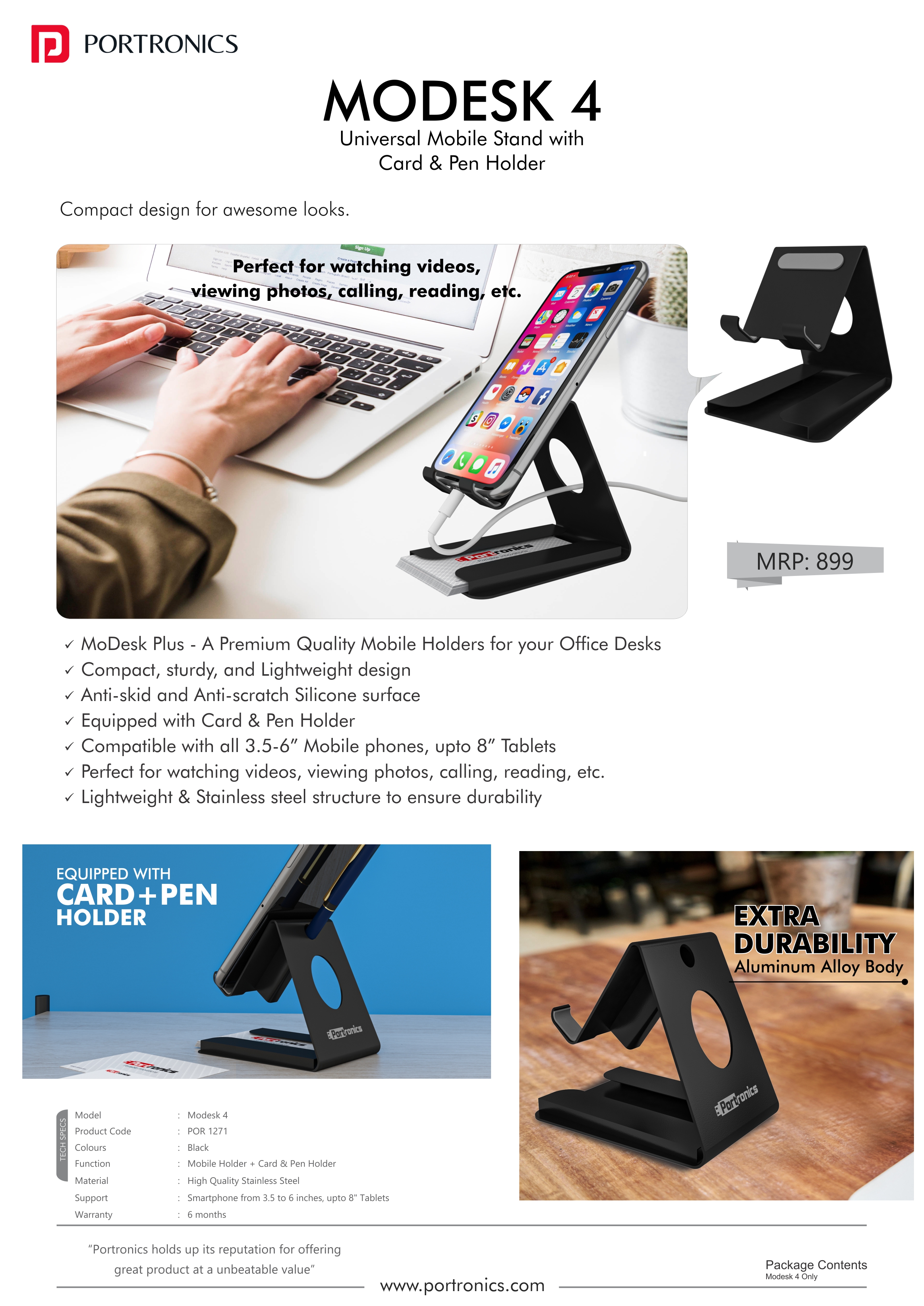 Portronics Modesk 4-Universal Mobile Phone Stand with Card & Pen Holder