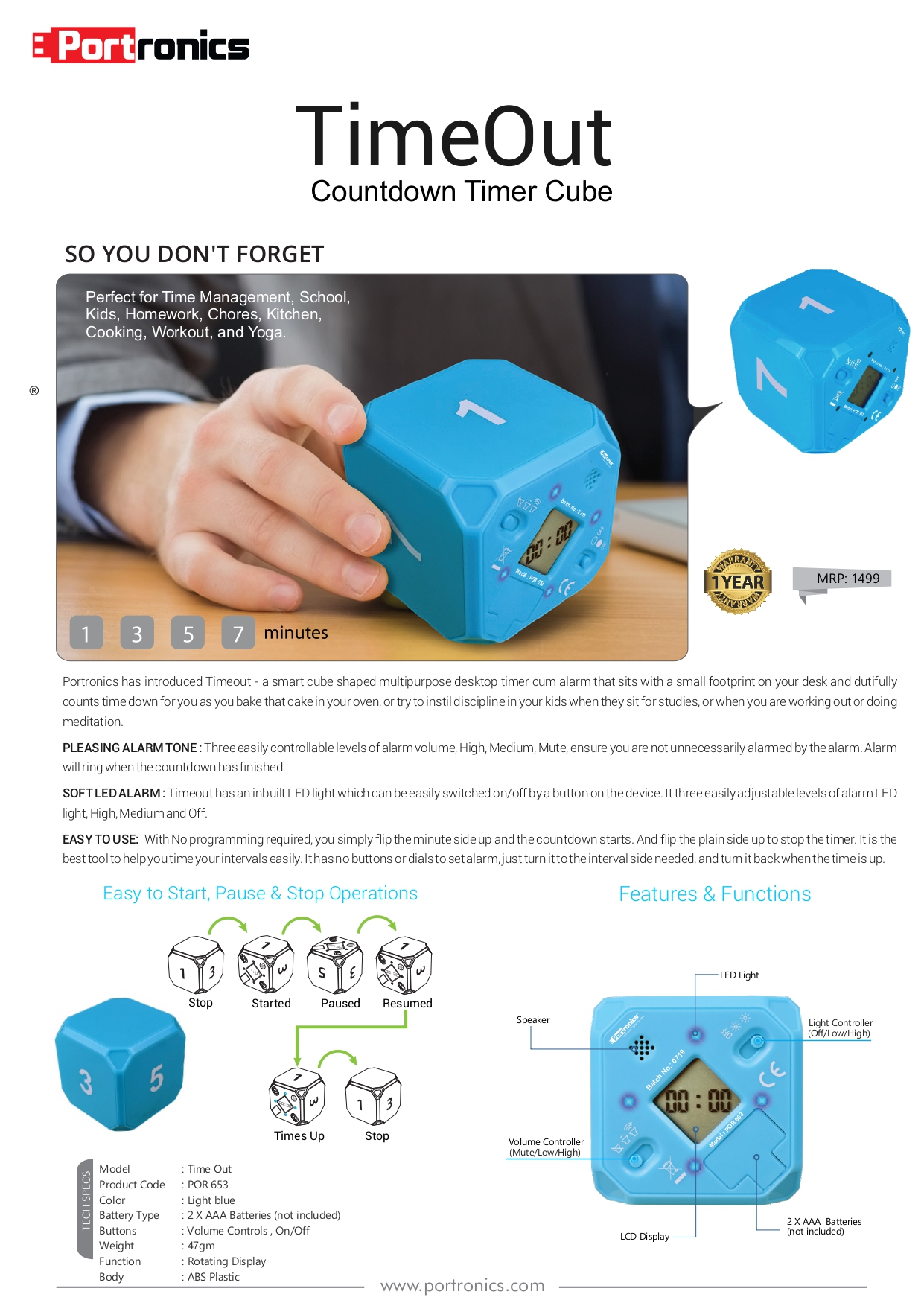 Portronics TimeOut -Countdown Timer Cube