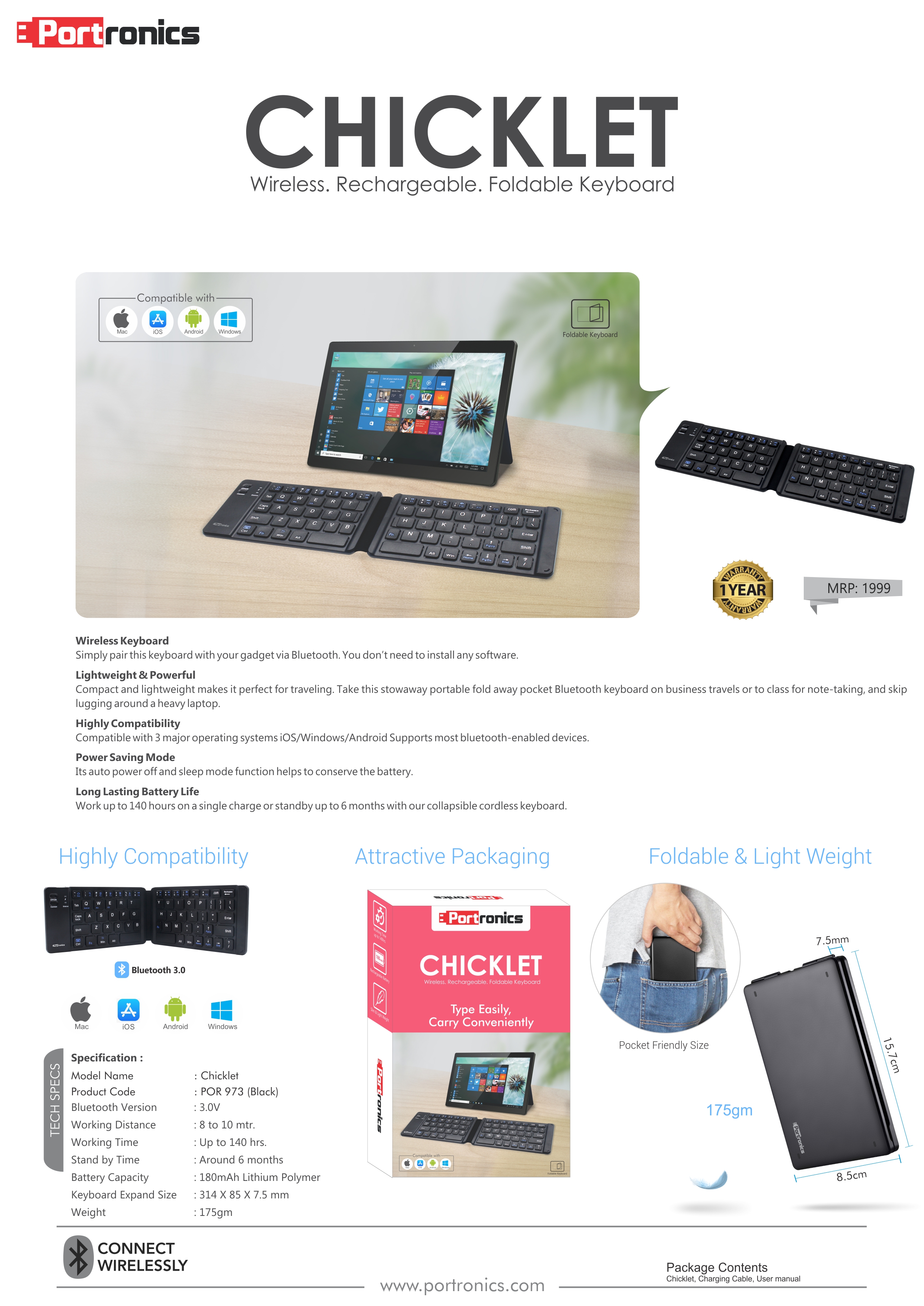 Portronics Chicklet-Wireless  Rechargeable Foldable Keyboard