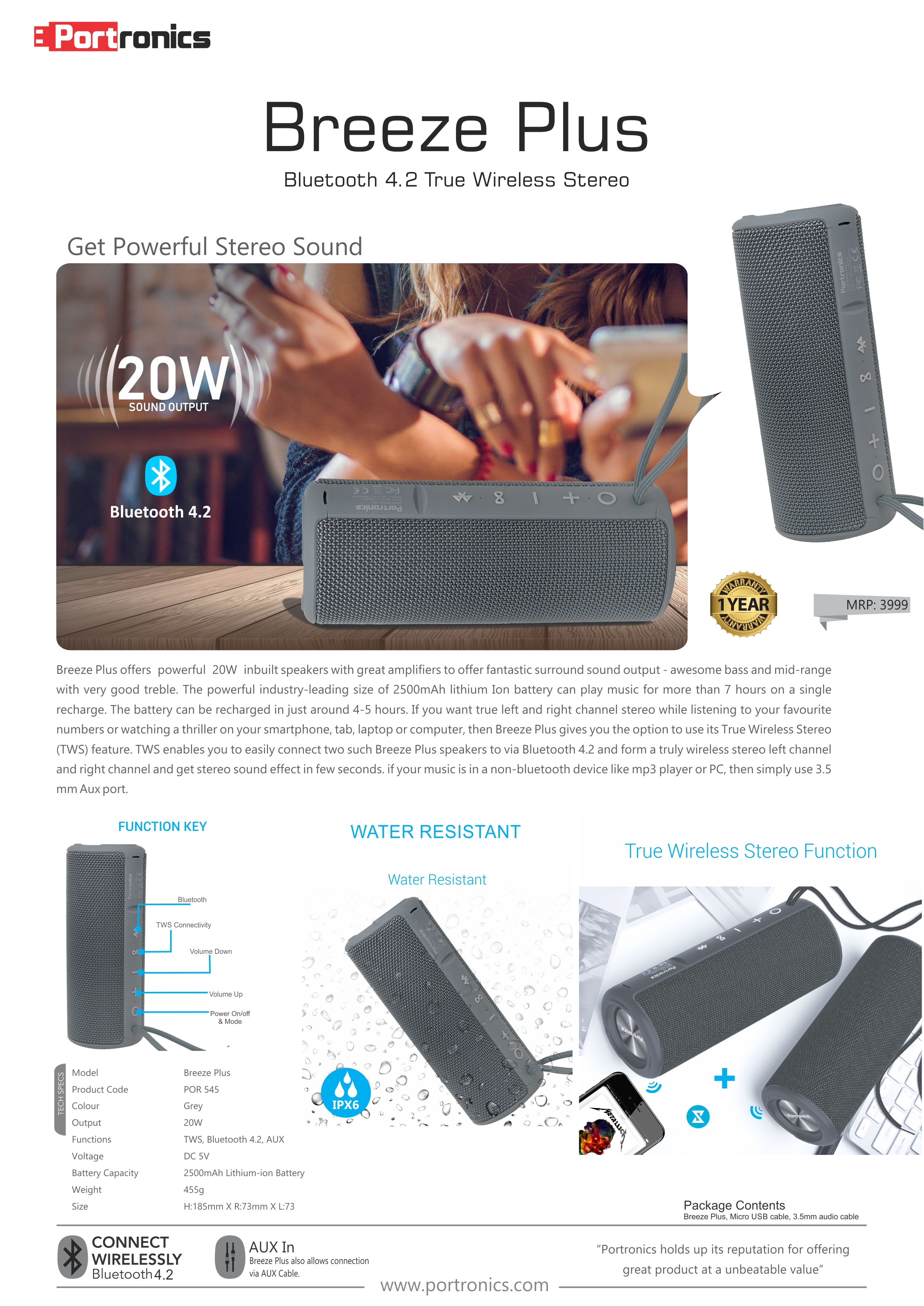 Portronics Breeze Plus-Bluetooth 5.0 True Wireless Stereo