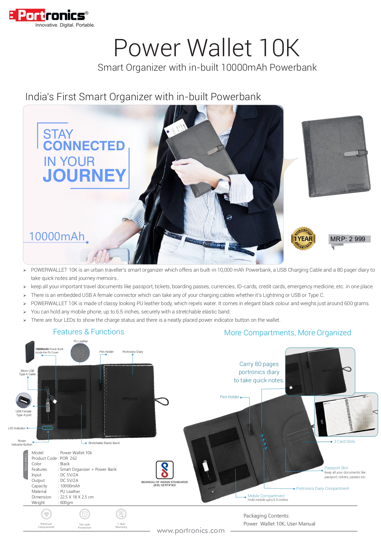 Portronics Power Wallet 10K-Smart Organizer + in-built 10000mAh Power bank + Diary