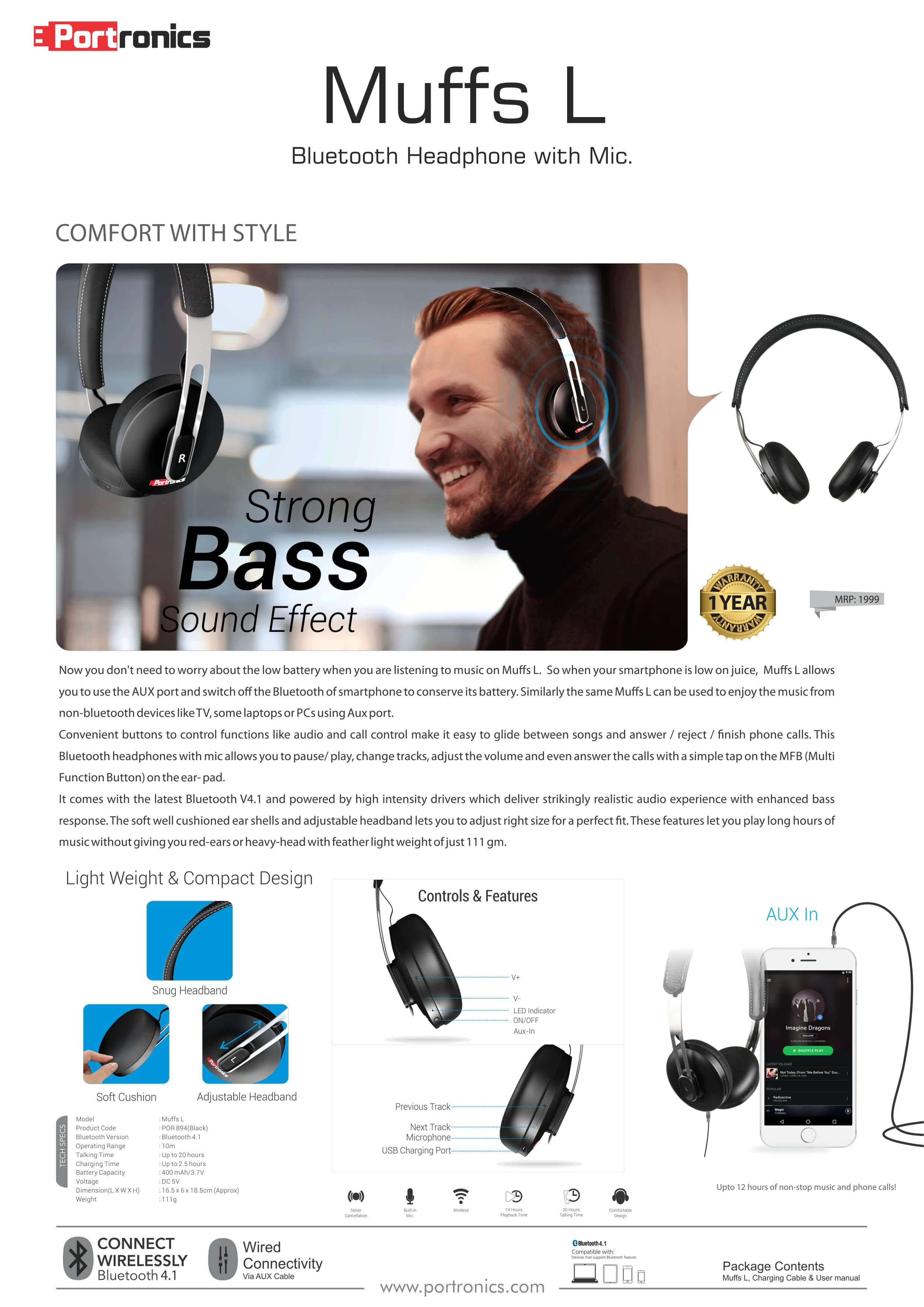 Portronics Muffs L-Bluetooth Headphone with Mic