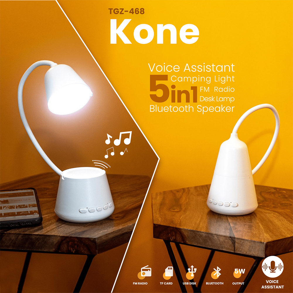 TGZ-468 - Kone - Desk Lamp, Bluetooth Speaker, FM Radio, Voice Assistant, Camping Light