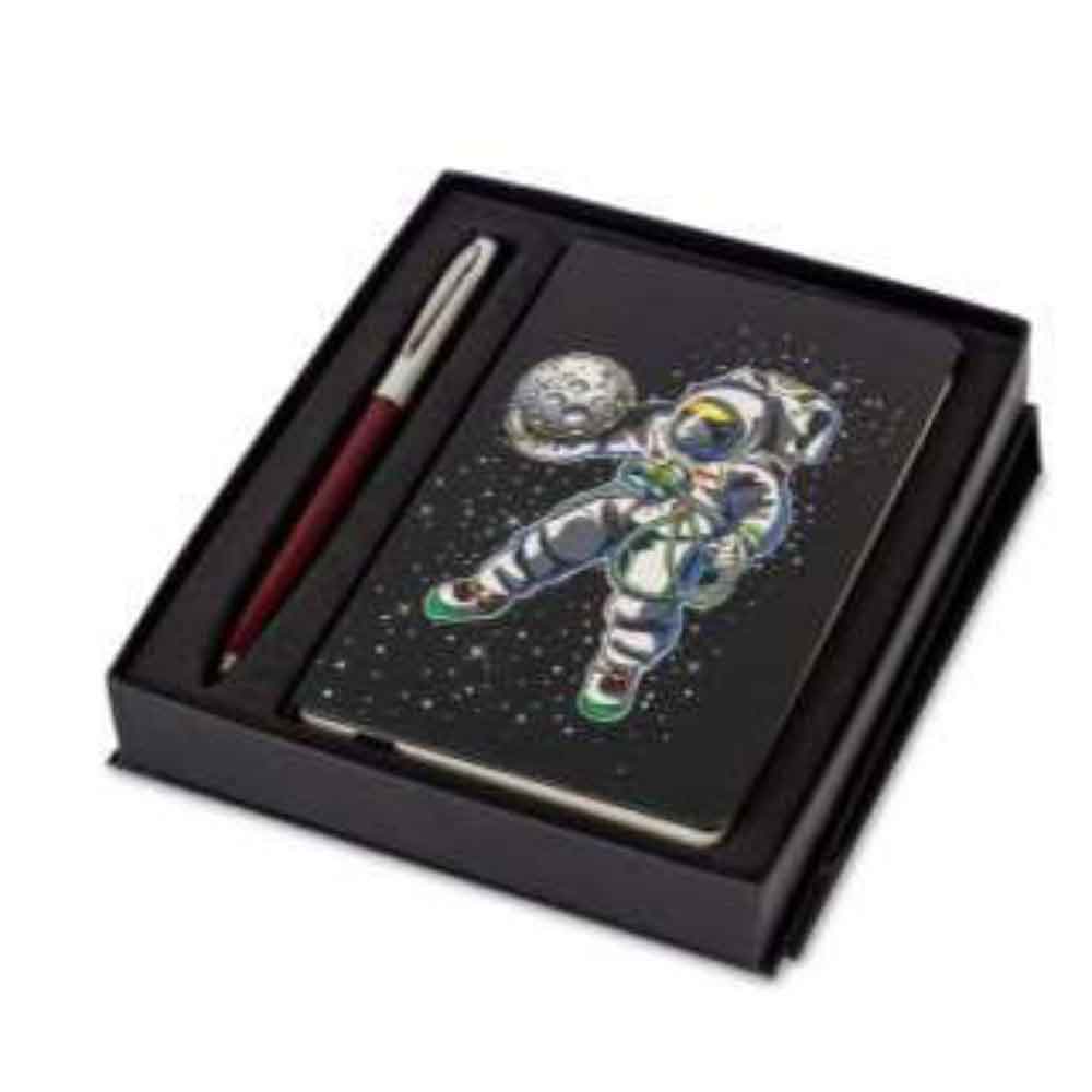 WILLIAM PEN FISHER SPACE CAP-O-MATIC MAROON BALLPOINT PEN WITH NOTEBOOK ASTRONAUT HOLDS MOON - A 775 Maroon  A6NBA1