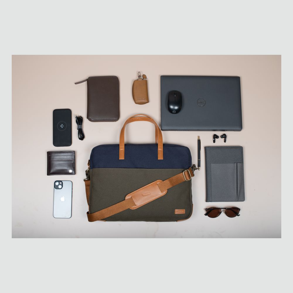 Oblique Designs - Oliver - Laptop Bag - Khaki/Navy, Olive/Navy