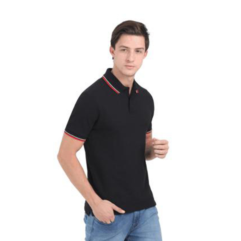 MARKS & SPENCERS POLO NECK BLACK T-SHIRT -COTTON PLAIN  WITH TIPPING