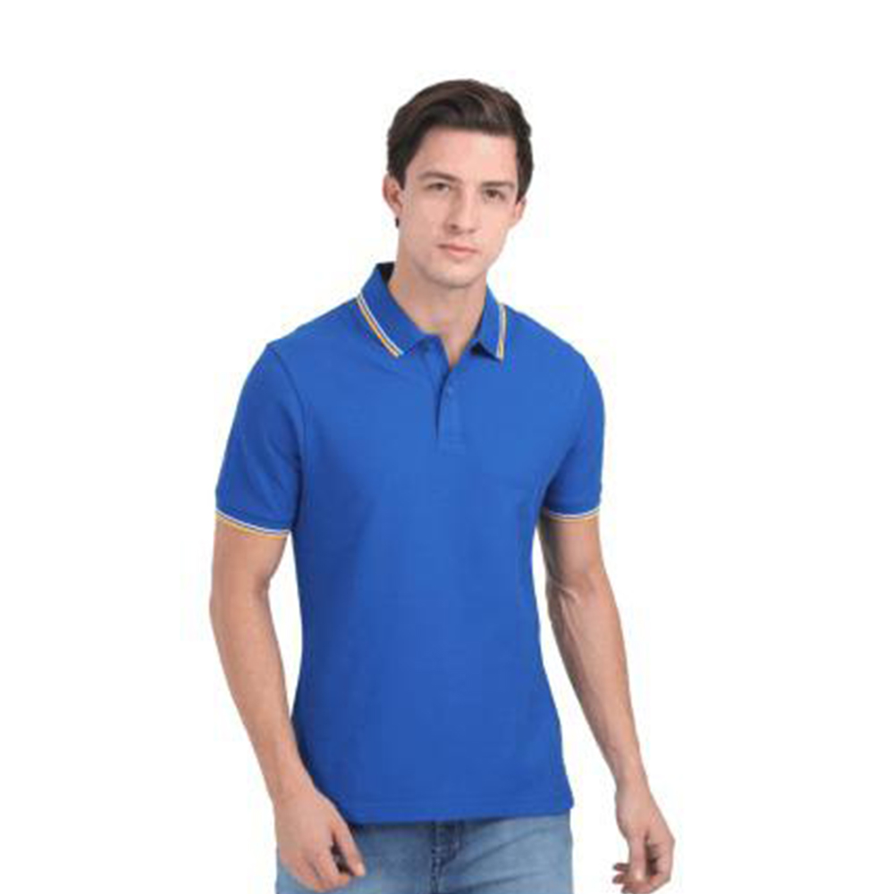 MARKS & SPENCERS POLO NECK BLUE T-SHIRT -COTTON PLAIN  WITH TIPPING