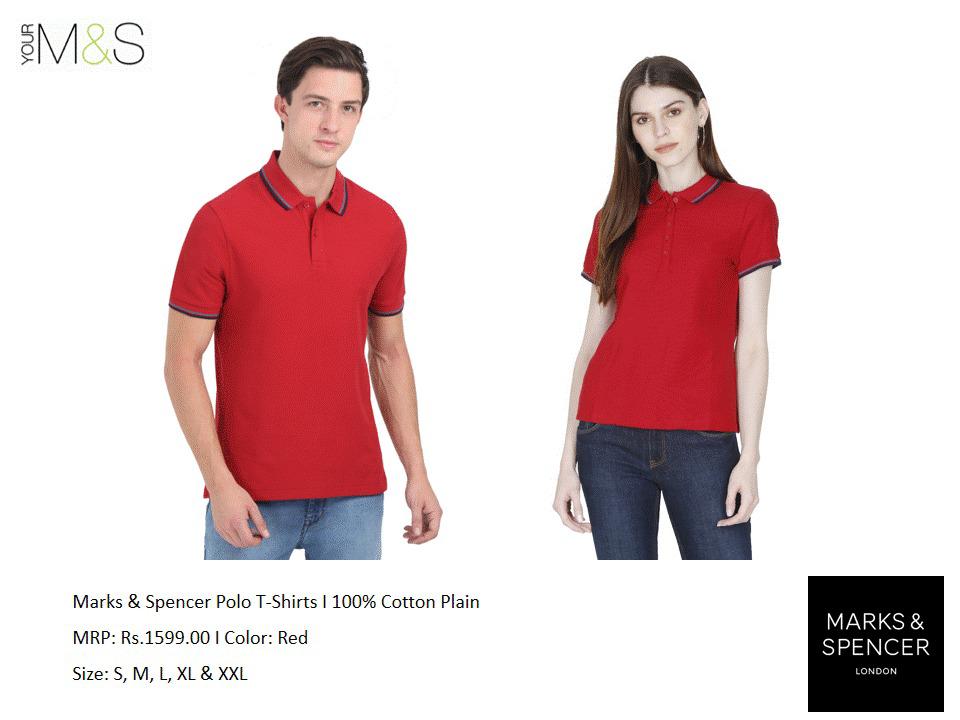 MARKS & SPENCERS POLO NECK RED T-SHIRT -COTTON PLAIN  WITH TIPPING