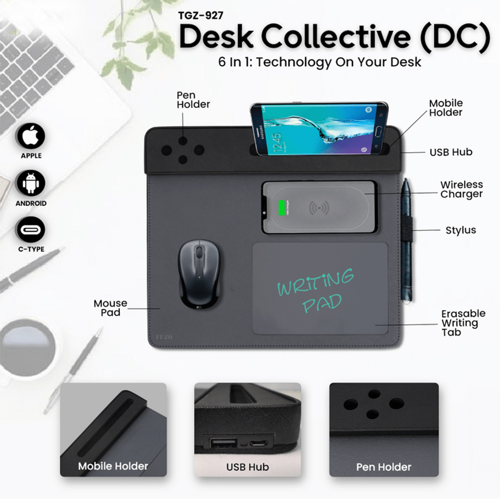 Desk Collective  TGZ-927 Pen Holder, Mobile Stand, USB Hub, Wireless Charging, Stylus, Erasable LCD Writing Tab
