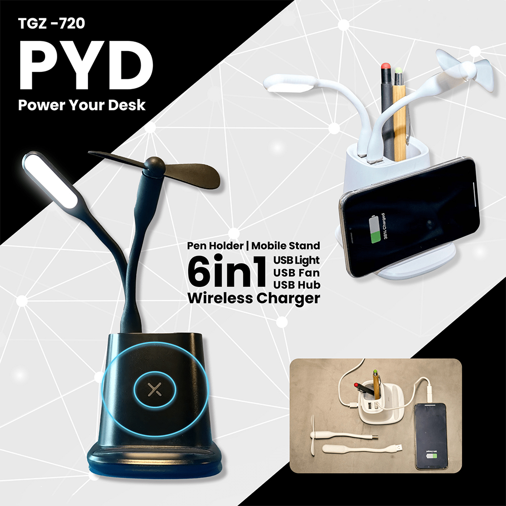 PYD - Pen Holder, Wireless Charger, Dual USB Hub, USB Light , USB Fan, Mobile Stand    TGZ-720
