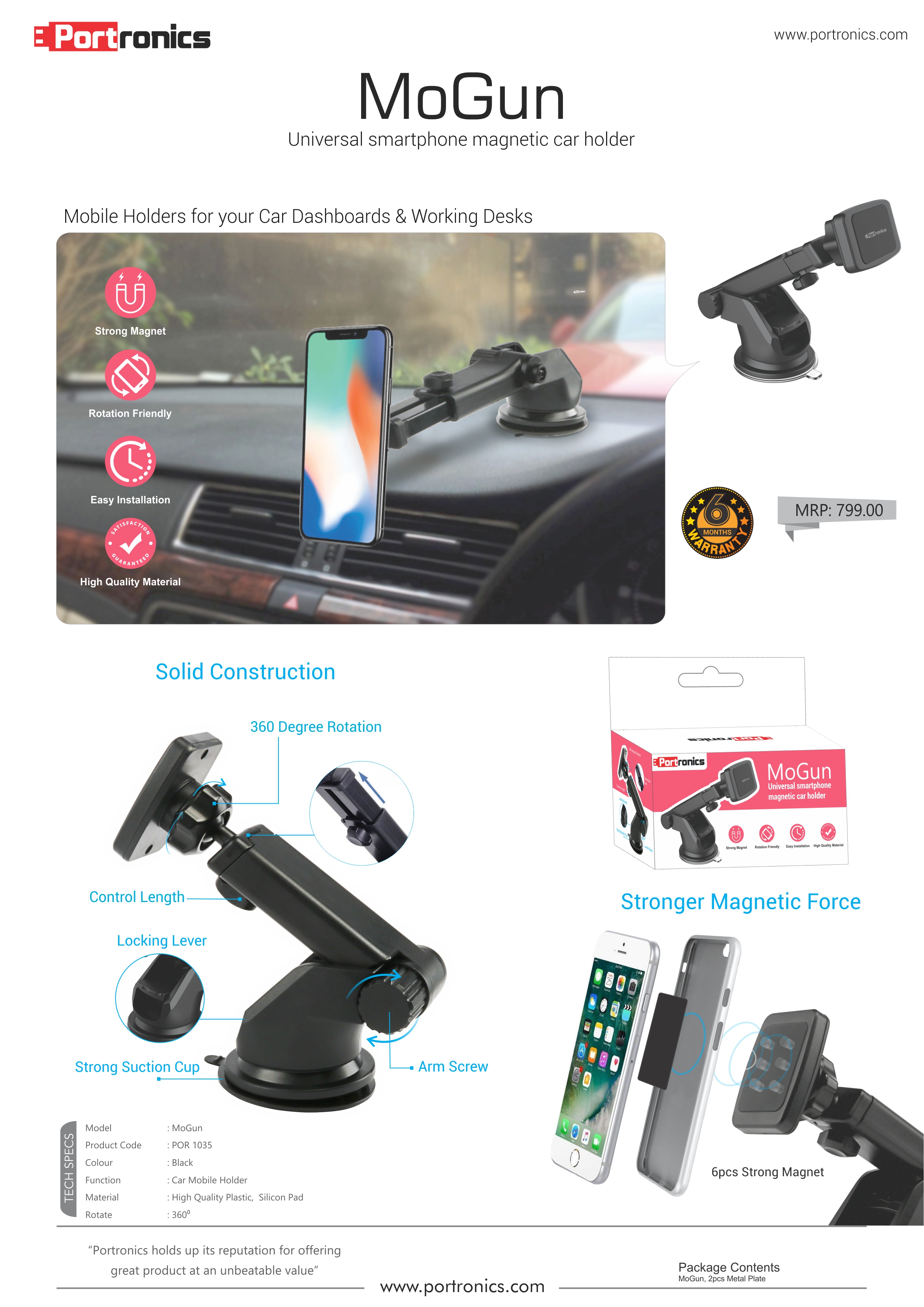 Portronics MoGun - Universal smartphone magnetic car holder