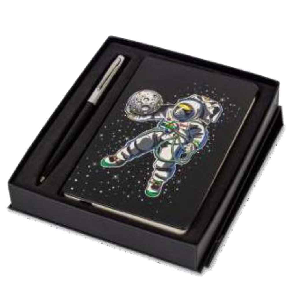 WILLIAM PEN FISHER SPACE CAP-O-MATIC BLACK BALLPOINT PEN WITH NOTEBOOK ASTRONAUT HOLDS MOON - A 775 Black  A6NBA1