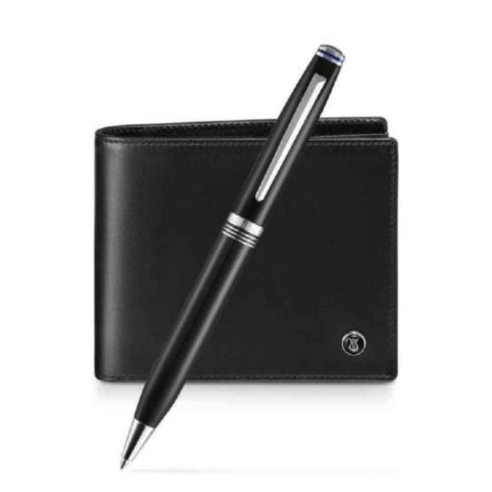 Gift Set Lapis Bard Contemporary Ballpoint Pen With Mayfair Coin Pocket Wallet – Black And Chrome