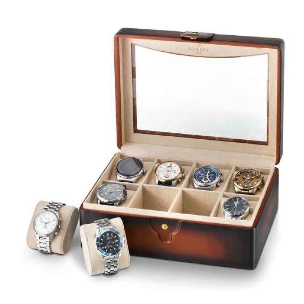 Lapis Bard Conrad Dual-Tone Watch Case With Plexiglass Top (8 Watch Capacity) - Cognac