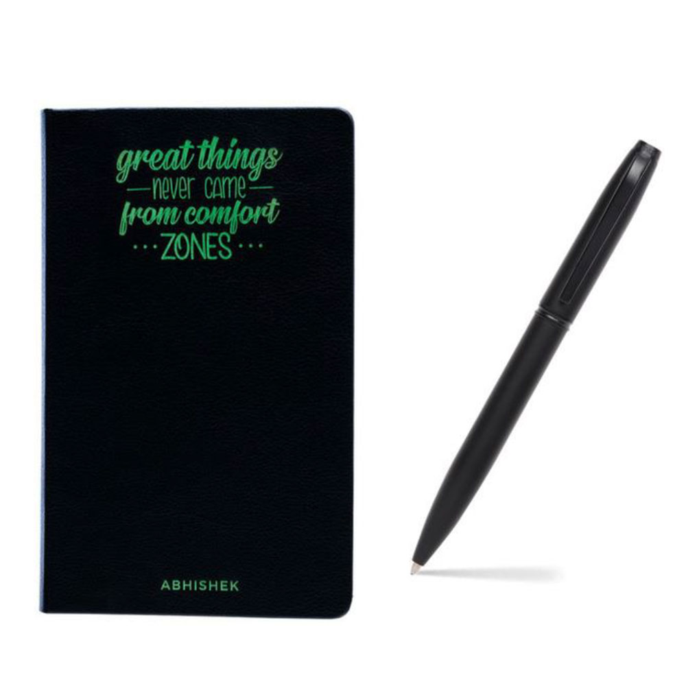 Pennline Ruled Notebook With Laser-Engravable ItalianLeatherette Cover – Black With Personalised Green and Atlas Matte Black Ball Point Pen