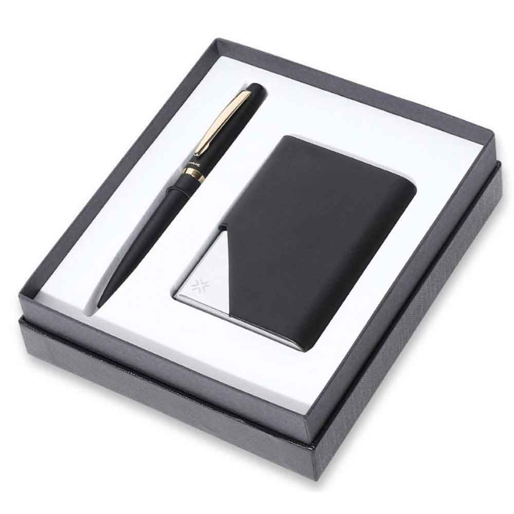 Pennline Stilo Matte Black Ballpoint Pen with GT Trim And Business Card Holder – Black And Chrome Gift Set