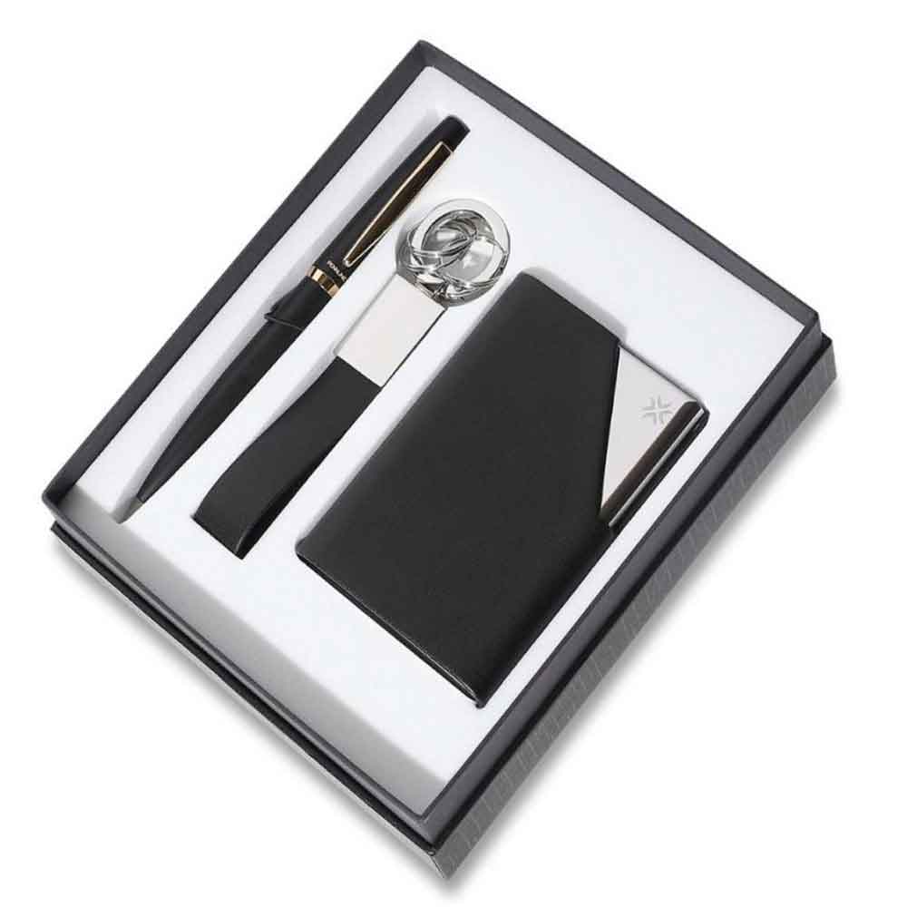 Pennline Stilo Matte Black Ballpoint Pen with GT Trim, Keychain And Business Card Holder – Black And Chrome Gift Set