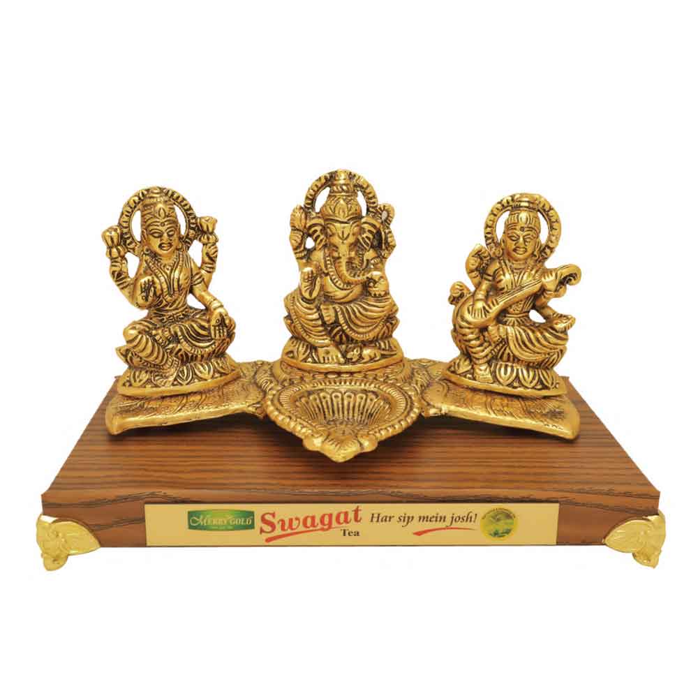 FTG 33 - Metal Finish Lord Ganesh, Laxmi and Saraswati Statue with a Traditional Diya