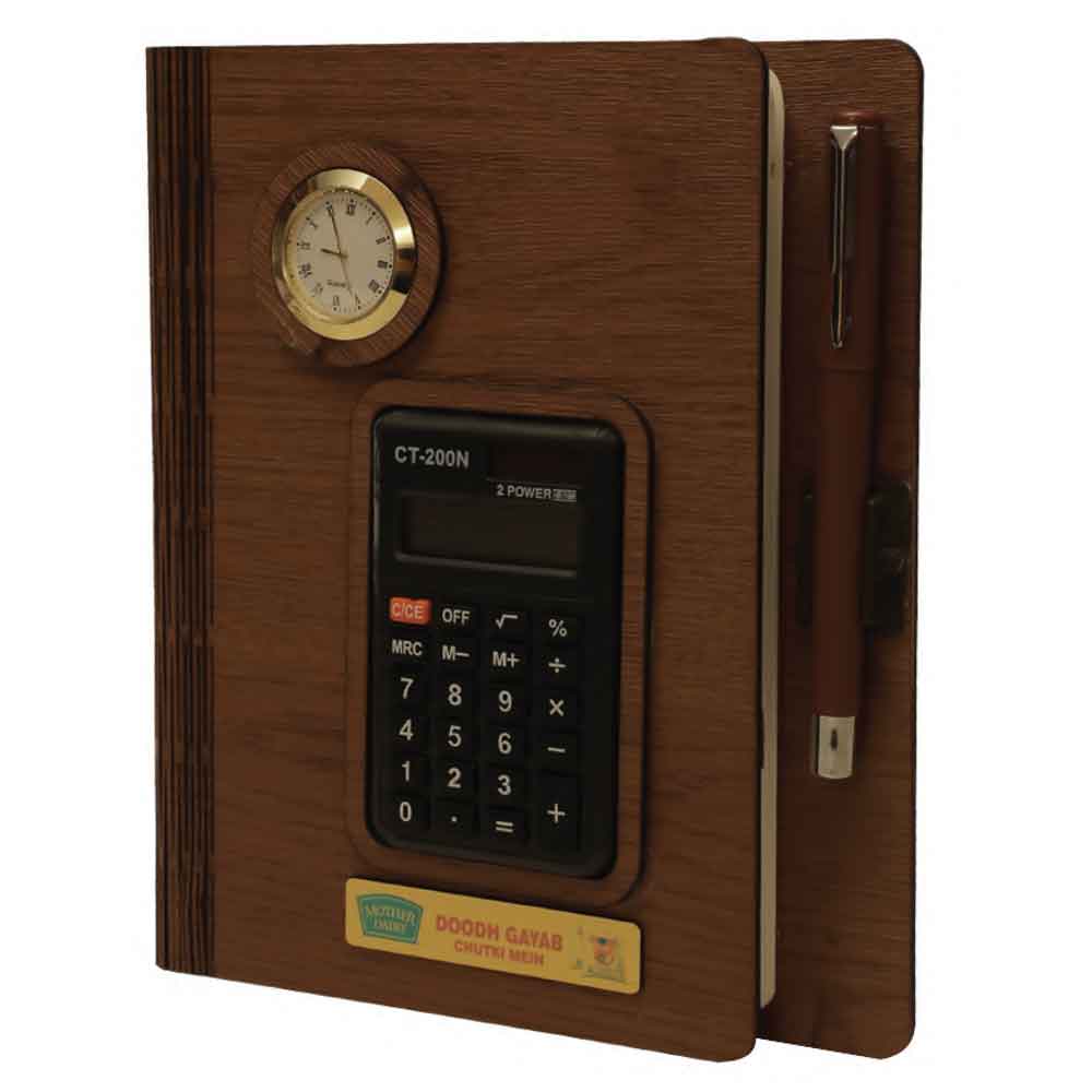 FTG 48- Wooden Covered Dairy, Pen, Calculator, Round Watch Set