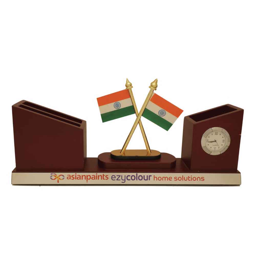 FTG 54- Wooden Pen Stand with National Flag and Round Clock