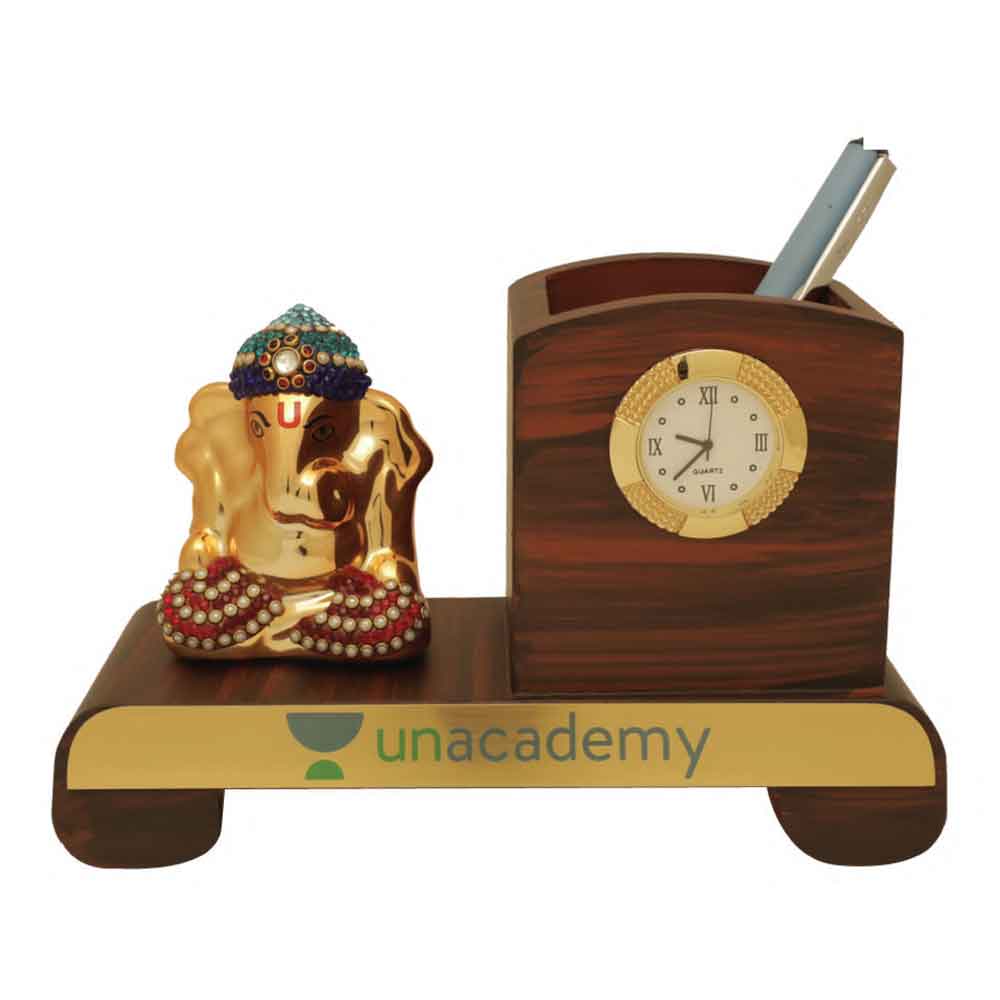FTG 58- Wooden Pen Stand With a Lord Ganesh Statue and a Round Shaped Watch
