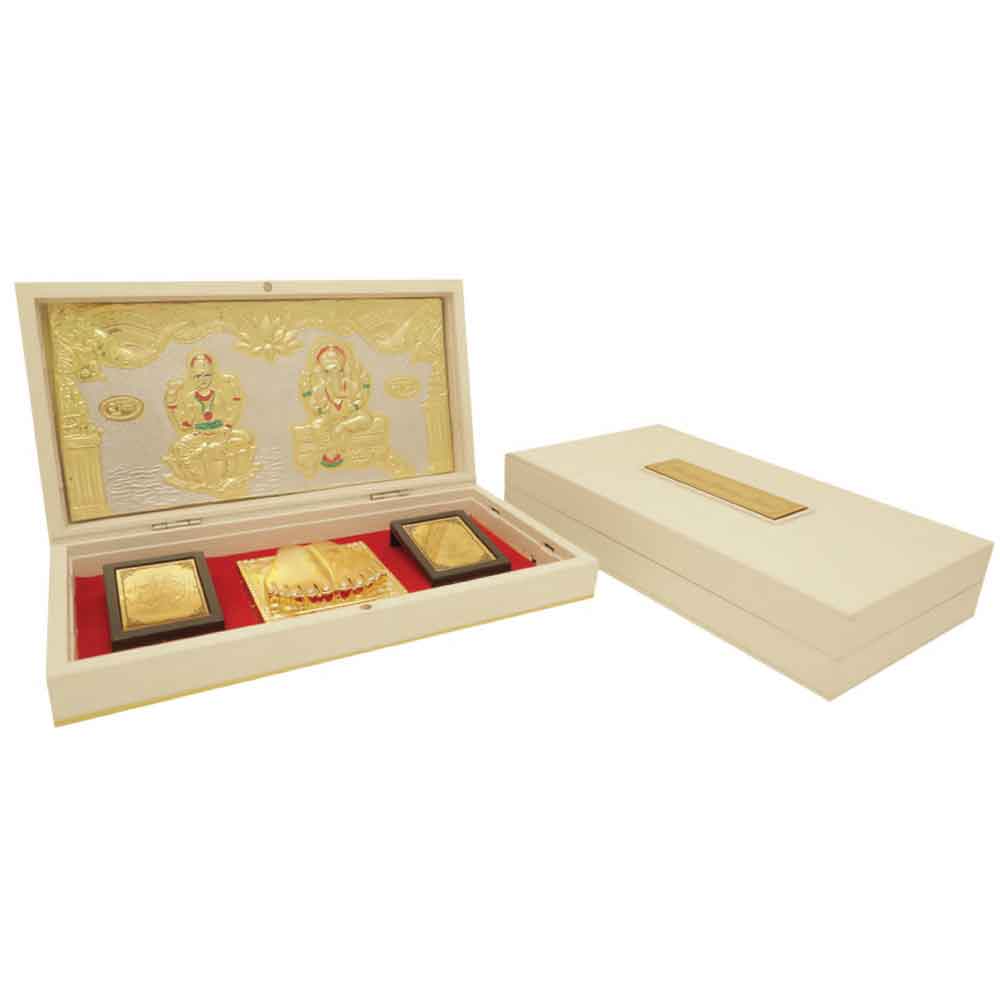FTG 74 - Dalvkot Gold Plated Lakshmi Ganesh Photo Frame with Shubh Labh Charan Paduka for Pooja Room, Return Pooja Gift Box Set