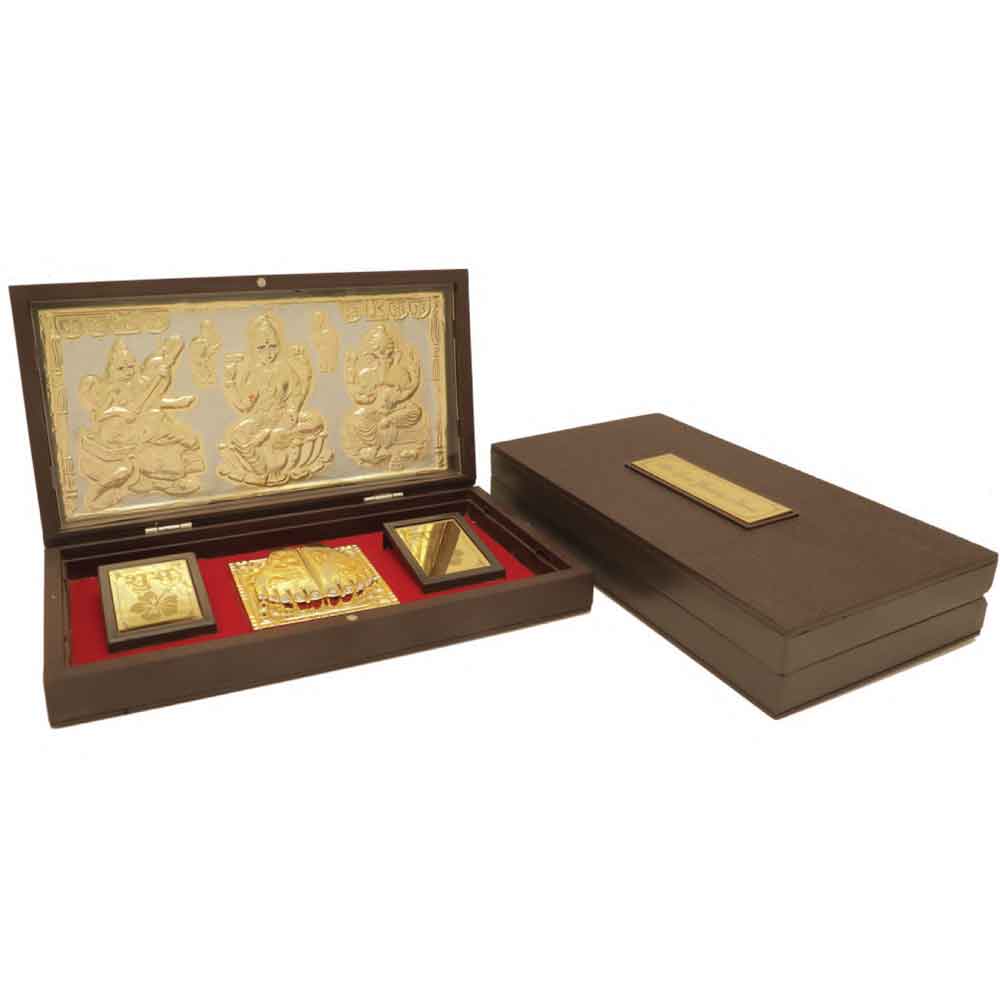 FTG 75 - Dalvkot Gold Plated Lakshmi Ganesh Saraswati Photo Frame with Shubh Labh Charan Paduka for Pooja Room, Return Pooja Gift Box Set