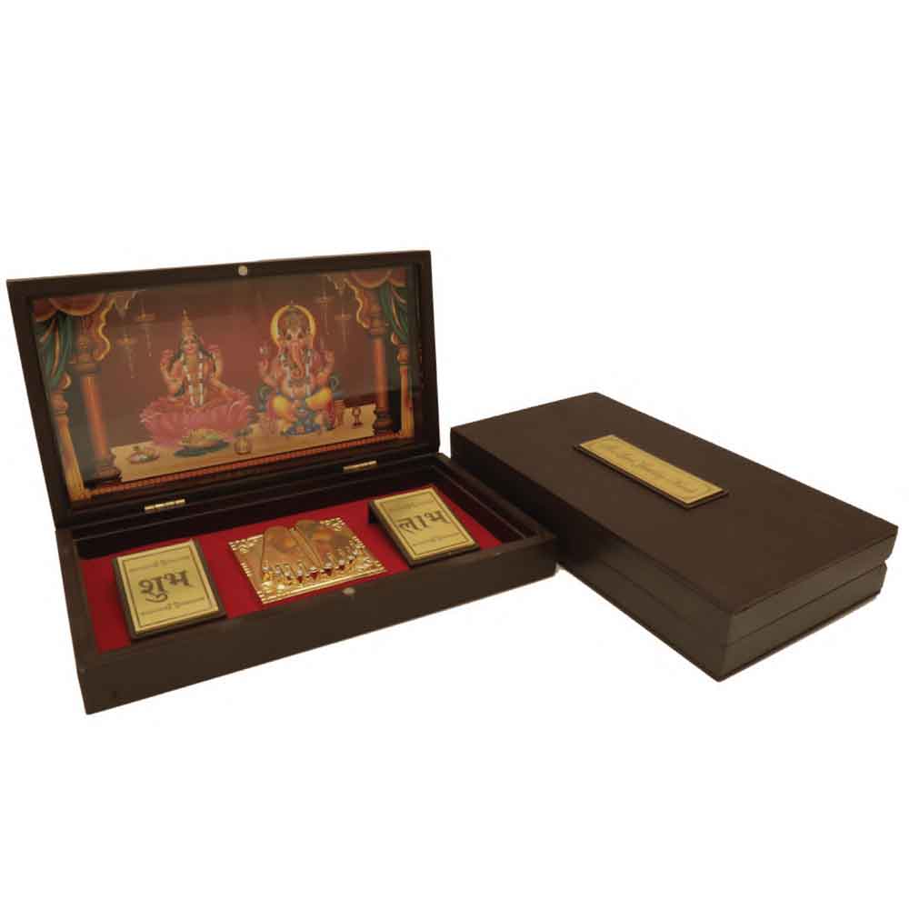 FTG 76 - LaDekor Brass Ganesha Laxmi Charan Paduka Wooden Pooja Items Diwali Gift