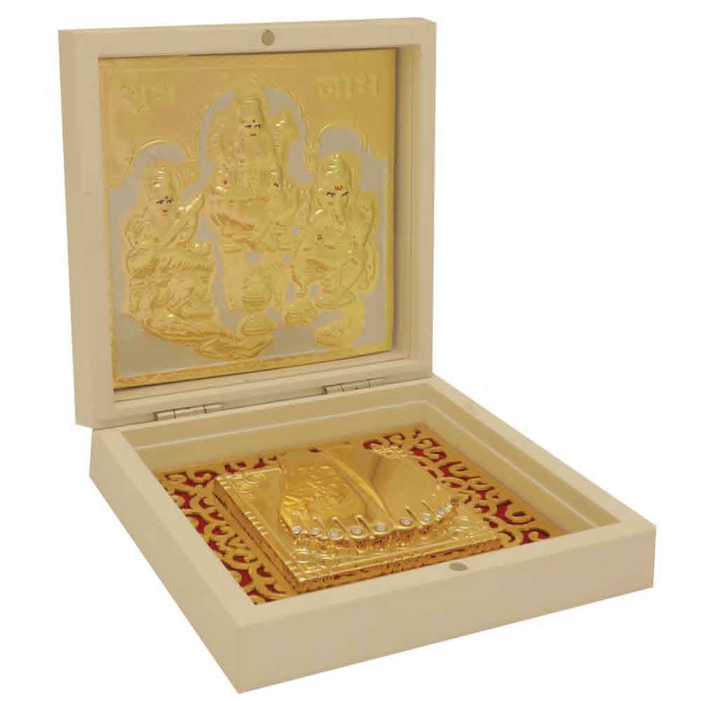 FTG 77 - Dalvkot Gold Plated Lakshmi Ganesh Photo Frame with Shubh Labh Charan Paduka for Pooja Room, Return Pooja Gift Box Set