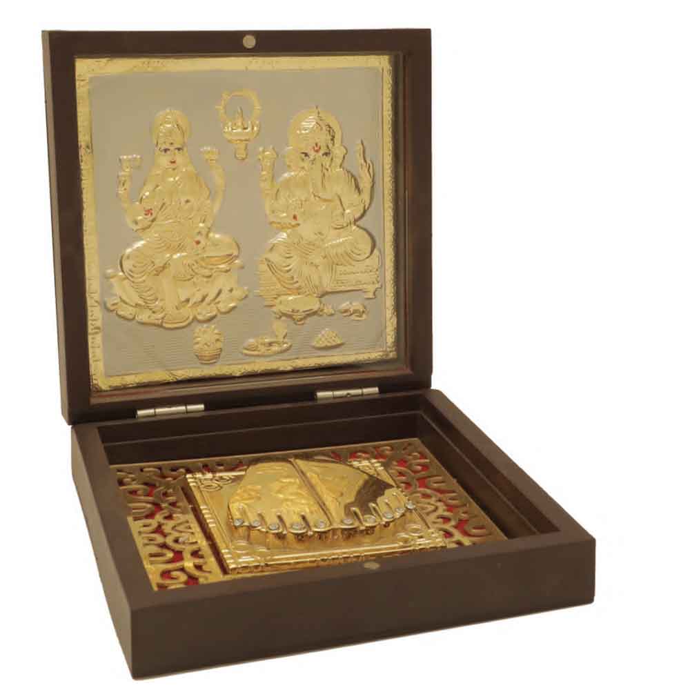 FTG 78 - Dalvkot Gold Plated Lakshmi, Ganesh Photo Frame with Shubh Labh Charan Paduka for Pooja Room, Return Pooja Gift Box Set