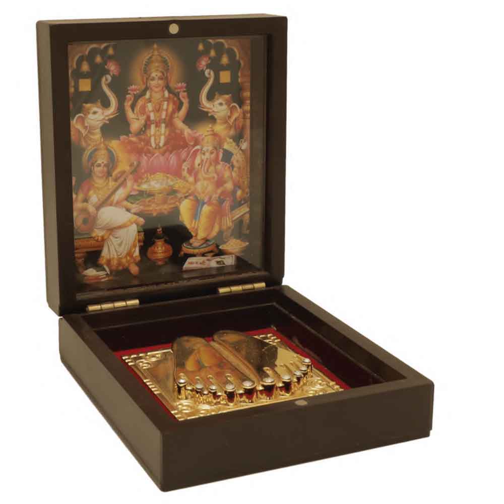 FTG 80 - Lord Laxmi, Ganesh, Saraswati Coloured Picture with Labh Charan Paduka for Pooja room, Return Pooja Gift Box Set