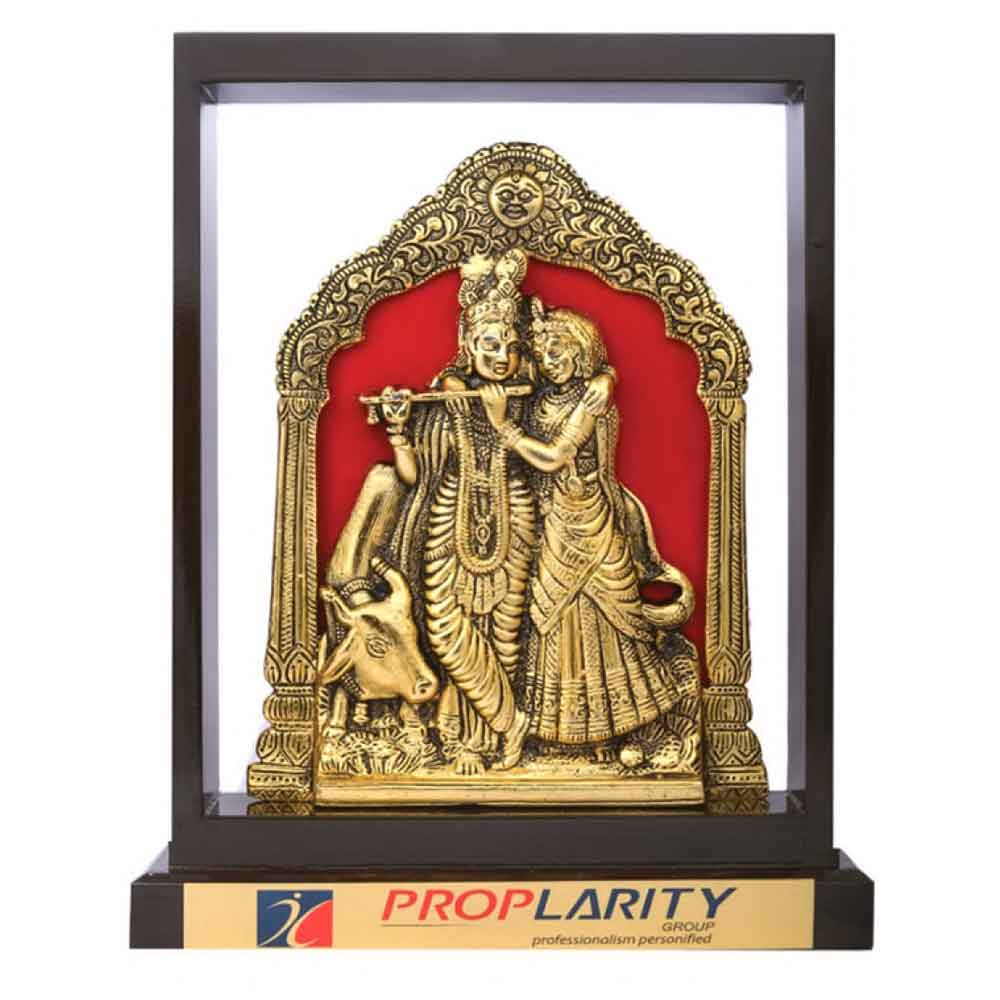 FTG 117 - Metal Finished Lord Krishna and Radha Statue with Kamdhenu Mate in an One Frame