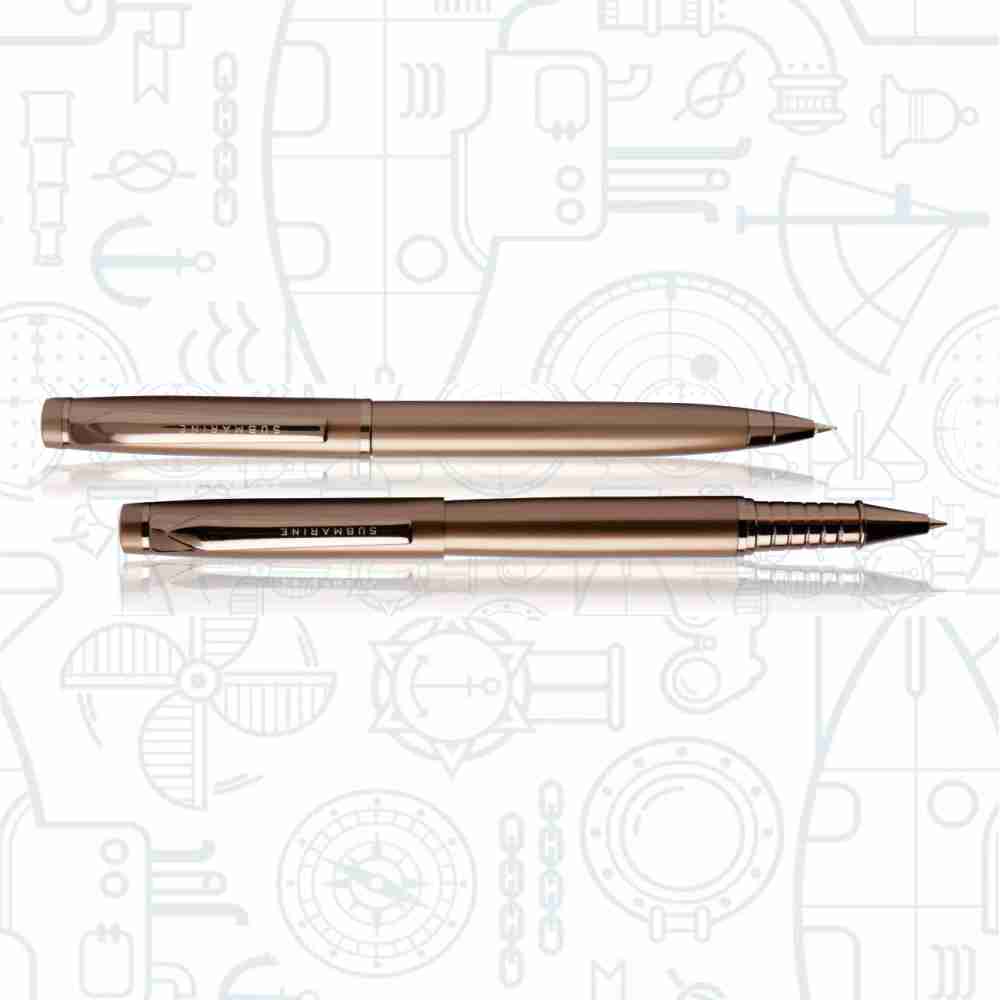 SUBMARINE JADE BROWN PLATED BALL PEN AND ROLLER PEN SET