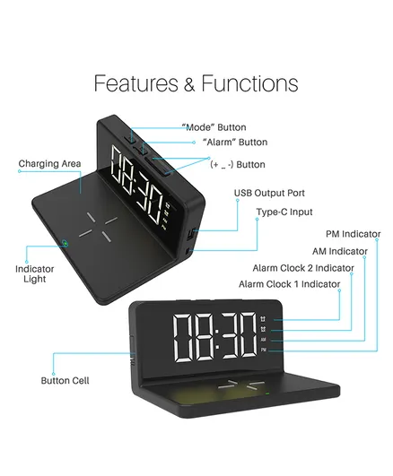 Portronics Freedom 4A-Desktop Wireless Charger with Digital Alarm Clock