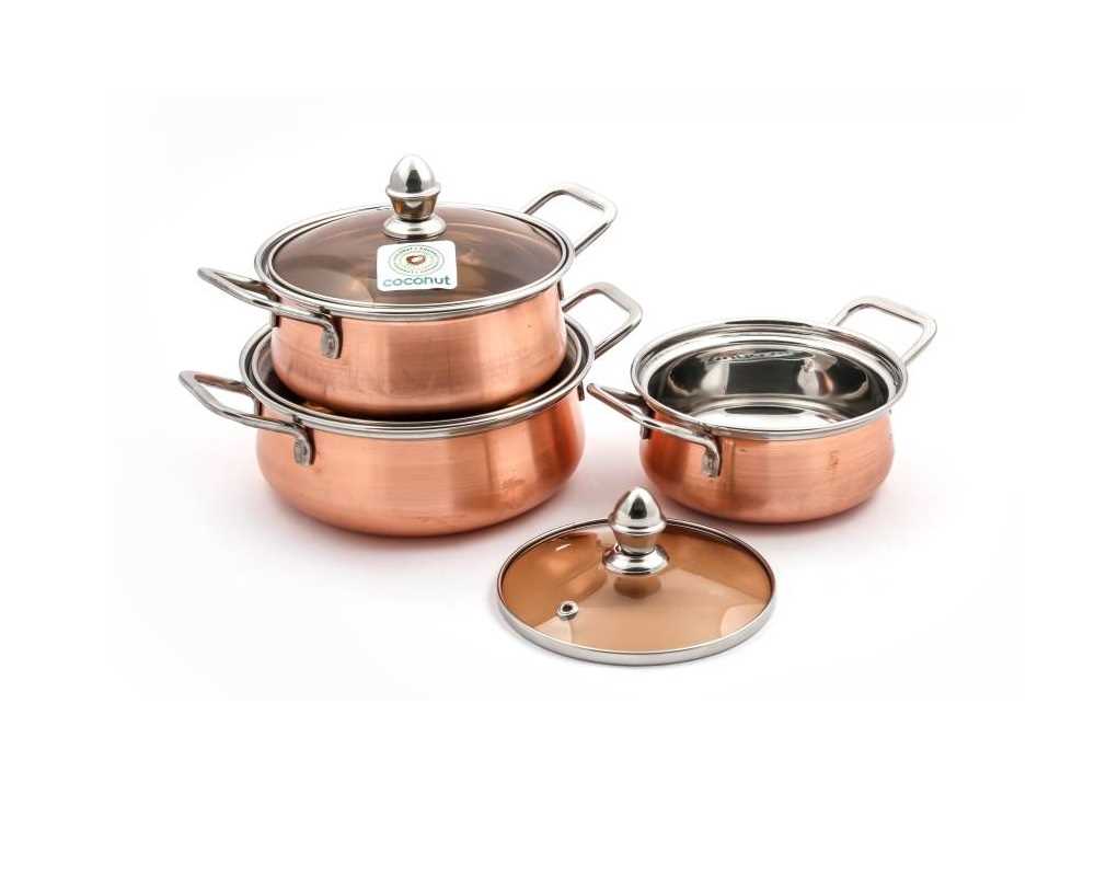 Coconut Minar Collection Set of 3pcs Cookware – Copper with Glass Lid