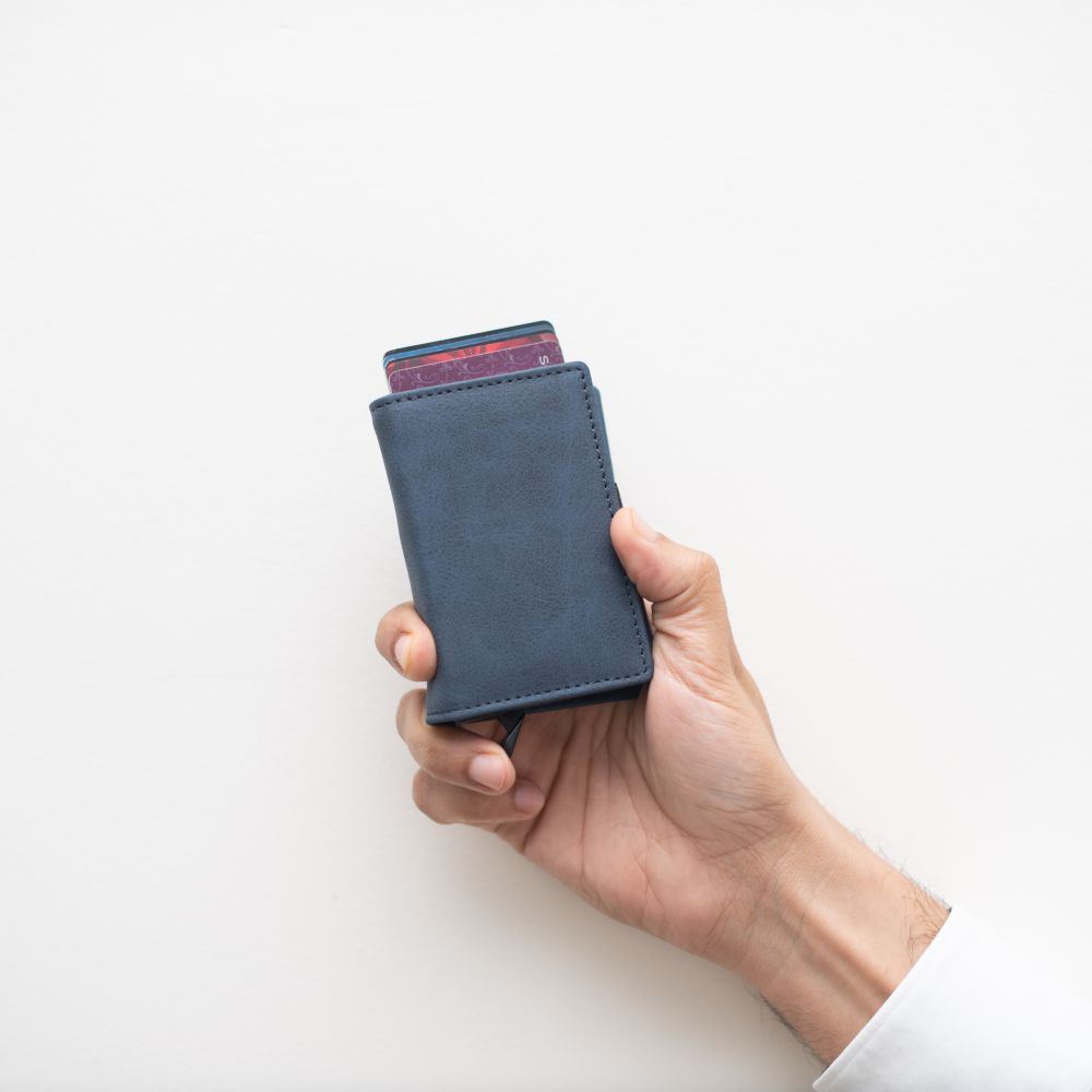 Oblique Designs - Klix - RFID Wallet - Suede Tan, Suede Blue