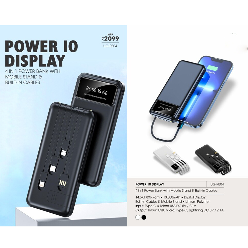 4-IN-1 Power Bank With Mobile Stand & Built-IN Cables - POWER 10 DISPLAY