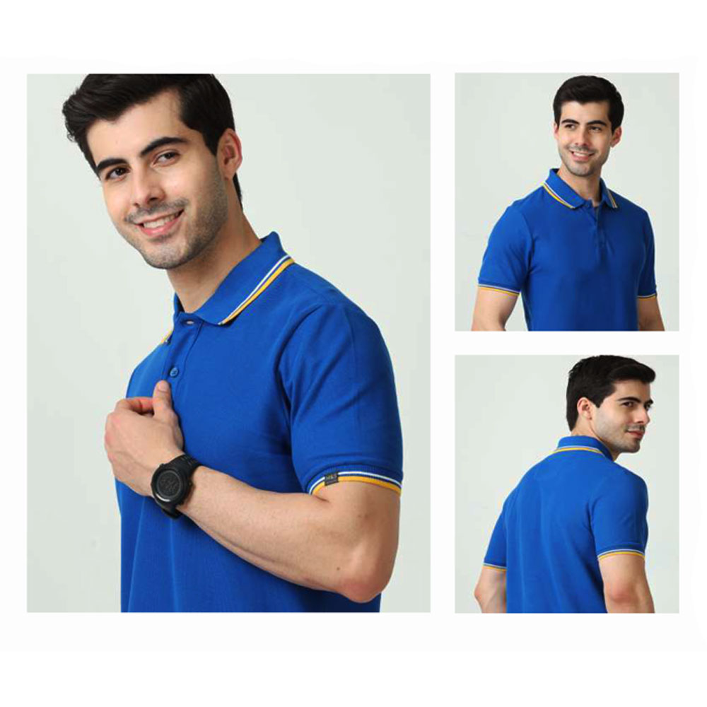 MARKS & SPENCERS POLO NECK ROYAL BLUE T-SHIRT -COTTON PLAIN  WITH TIPPING