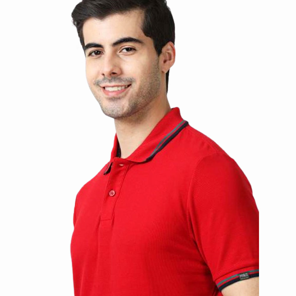 MARKS & SPENCERS POLO NECK RED T-SHIRT -COTTON PLAIN  WITH TIPPING