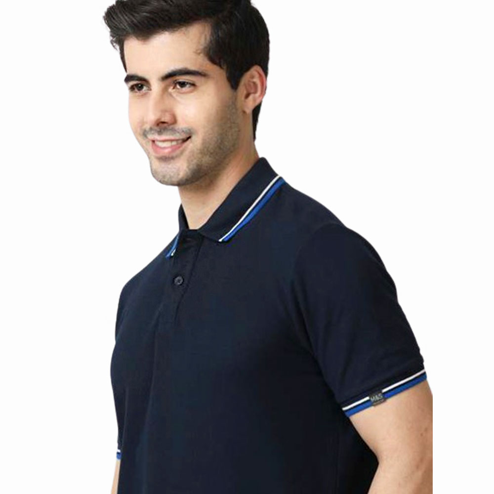 MARKS & SPENCERS POLO NECK NAVY BLUE T-SHIRT - COTTON PLAIN WITH TIPPING