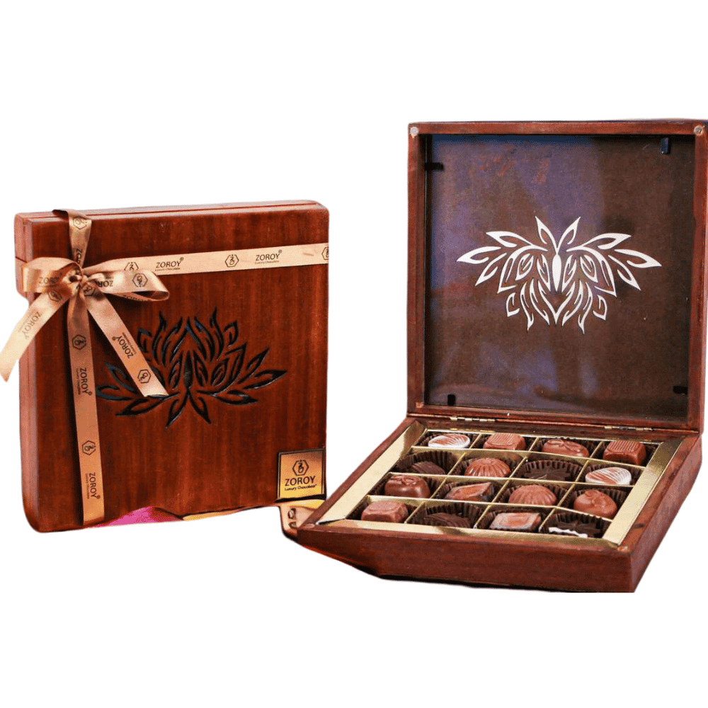 ZOROY - Pure wooden box with a beautiful laser cut design - Diwali Gift Box with 9 chocolates