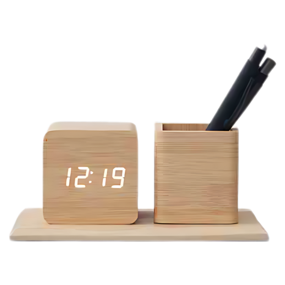 Wooden Pen Stand with LED Clock - MG - 996